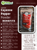 Organic cayenne pepper powder in a 100g package by Dyroo Naturals, showing vibrant red cayenne pepper powder in a clear container.