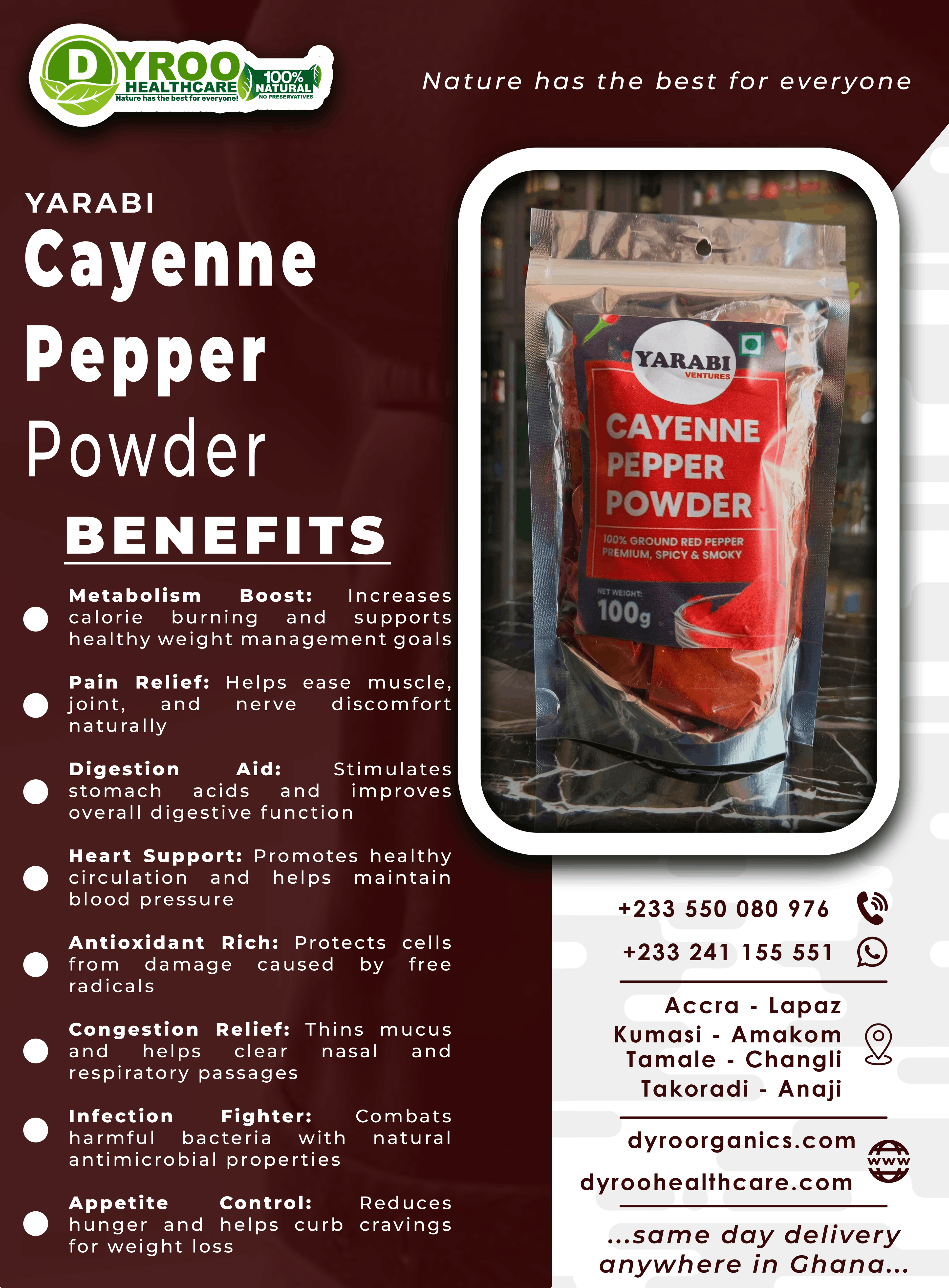 Organic cayenne pepper powder in a 100g package by Dyroo Naturals, showing vibrant red cayenne pepper powder in a clear container.