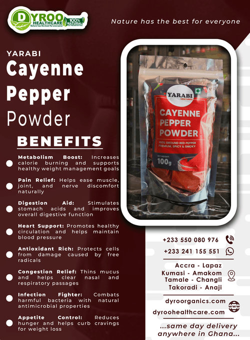 Organic cayenne pepper powder in a 100g package by Dyroo Naturals, showing vibrant red cayenne pepper powder in a clear container.
