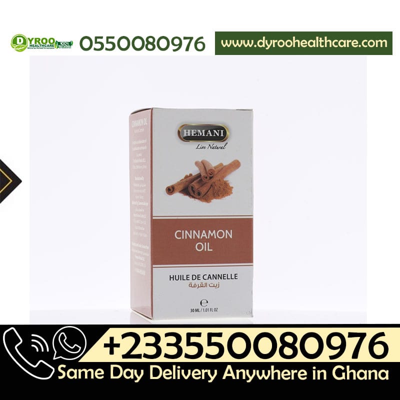Dyroo Naturals Hemani Cinnamon Oil 30ml bottle, natural essential oil with cinnamon extract, in a clear glass container.