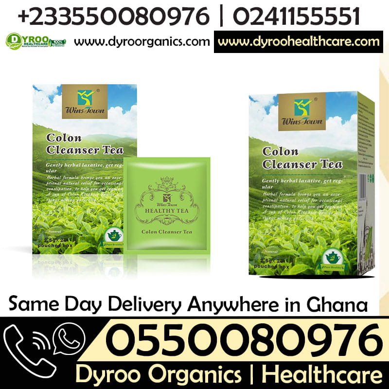 Dyroo Naturals Wins Town Colon Cleanser Tea in a clear tea bag, ready for brewing with dried herbal ingredients visible.