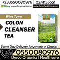 Dyroo Naturals Wins Town Colon Cleanser Tea in a clear glass cup with tea leaves and herbs visible, promoting digestive health.