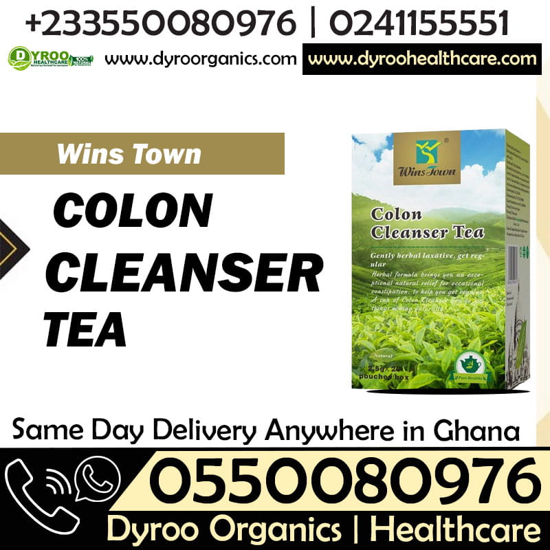 Dyroo Naturals Wins Town Colon Cleanser Tea in a clear glass cup with tea leaves and herbs visible, promoting digestive health.