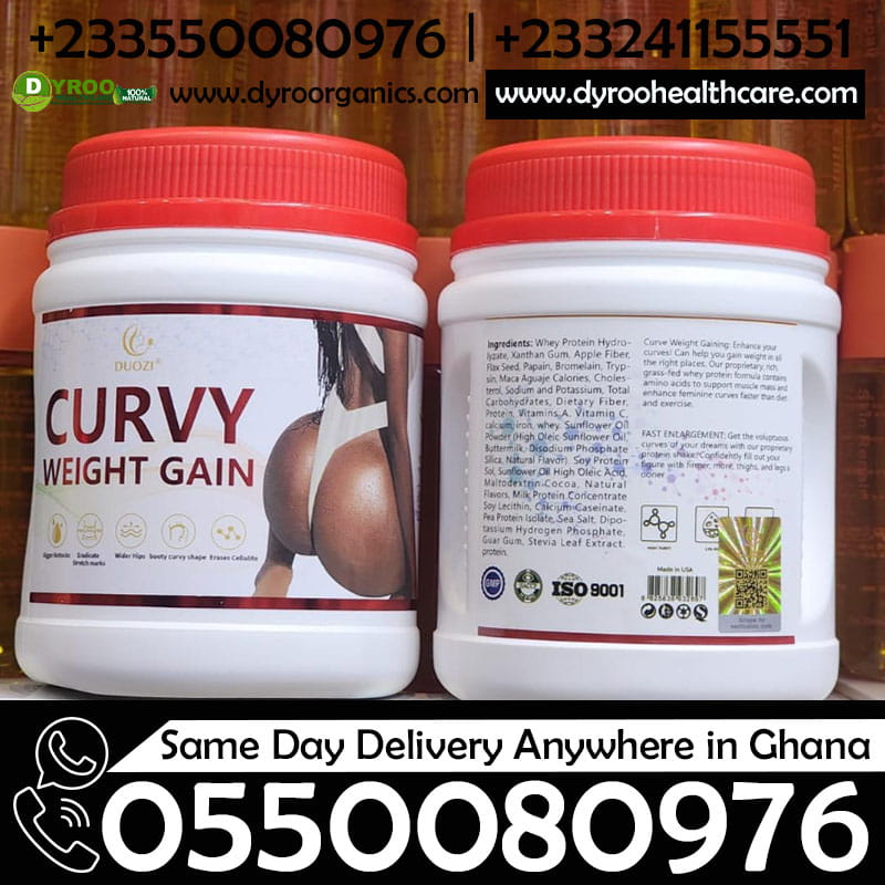 Organic Duozi Curvy Weight Gain Powder by Dyroo Naturals in a 450g package, showing the powder's texture and packaging.