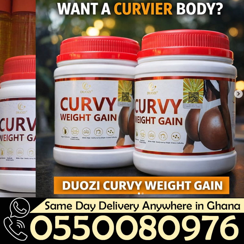 Duozi Curvy Weight Gain Powder 450g by Dyroo Naturals, organic powder in a jar, featuring a scoop and natural ingredients.