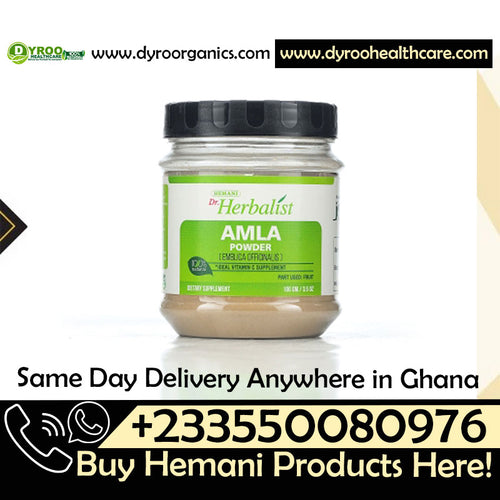 Organic Amla powder by Dyroo Naturals in a clear plastic bag, showing the fine greenish powder inside.