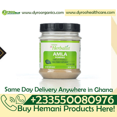 Organic Dr Herbalist Amla Powder by Dyroo Naturals in a 100g pouch, featuring fine green powder for hair and health.