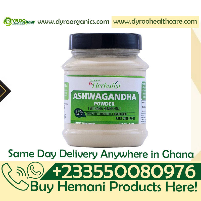 Organic Dyroo Naturals Dr Herbalist Ashwagandha Powder in a 100g bag, showcasing the fine, earthy brown powder on a white background.