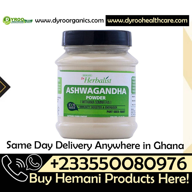 Organic Ashwagandha powder in a container from Dr Herbalist by Dyroo Naturals, shown in a close-up view.