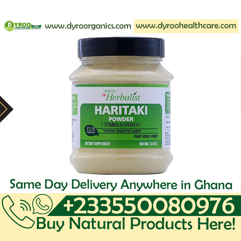 Organic Dr Herbalist Haritaki powder in a clear plastic bag, showing fine yellowish-brown herbal powder for health and wellness.