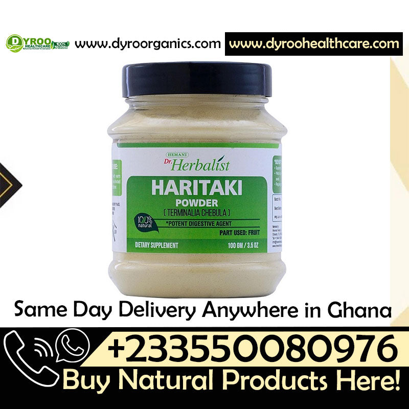 Organic Dr Herbalist Haritaki Powder 100g by Dyroo Naturals, showing a clear view of the fine, golden-yellow powdered supplement.