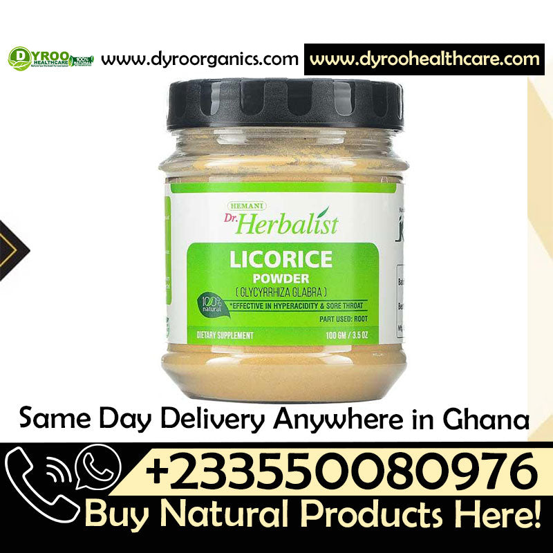 Organic Dr Herbalist Licorice Powder from Dyroo Naturals in a 100g package, showing fine, golden licorice powder in a clear container.