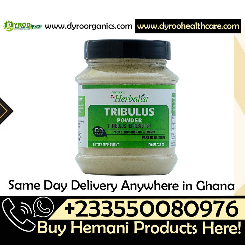 Organic Dr Herbalist Tribulus Powder by Dyroo Naturals in a 100g package, showing fine greenish herbal powder in a clear container.