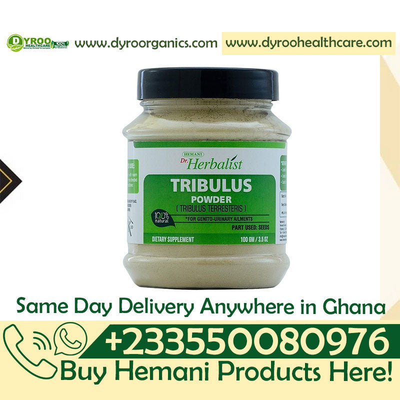 Organic Dr Herbalist Tribulus Powder by Dyroo Naturals in a 100g package, showing the powdered supplement in a clear container.