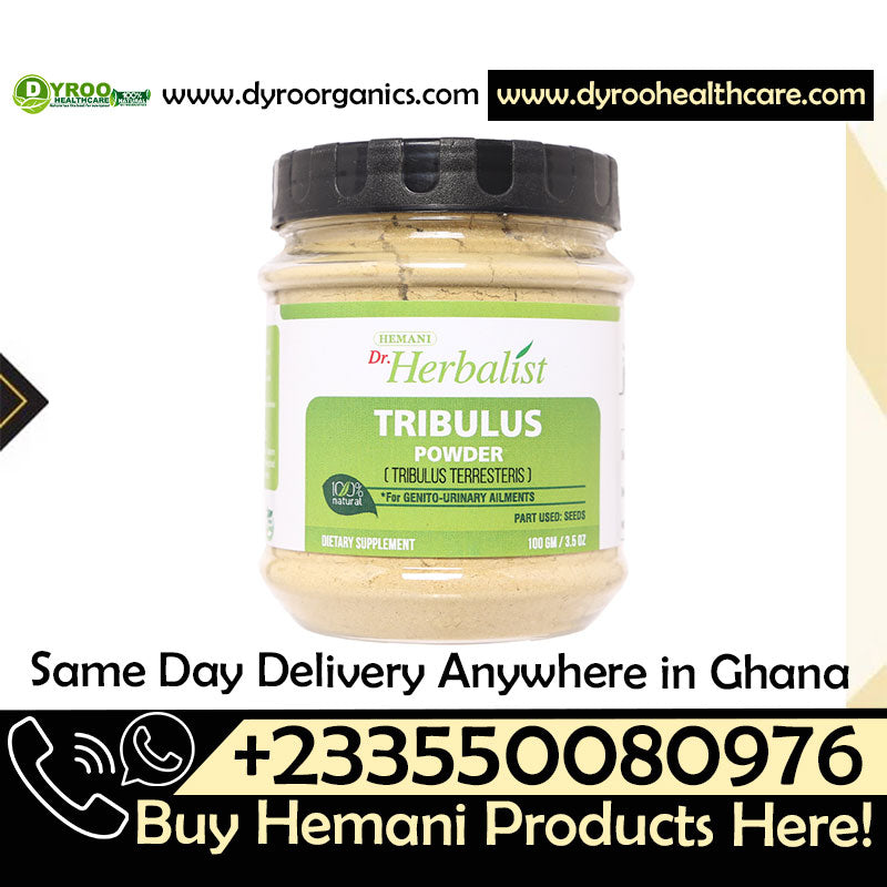 Organic Dr Herbalist Tribulus Powder by Dyroo Naturals in a clear 100g package, showcasing the herbal supplement's texture and branding.