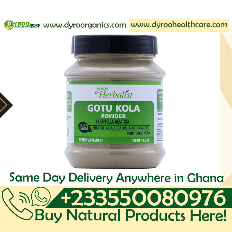 Organic Dr Herbalist Gotu Kola Powder by Dyroo Naturals in a 100g package, showing the fine green powder in a clear container.