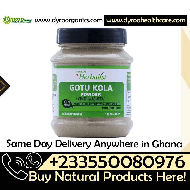 Organic Dr Herbalist Gotu Kola powder by Dyroo Naturals, 100g, in a clear container showing vibrant green powdered herb.