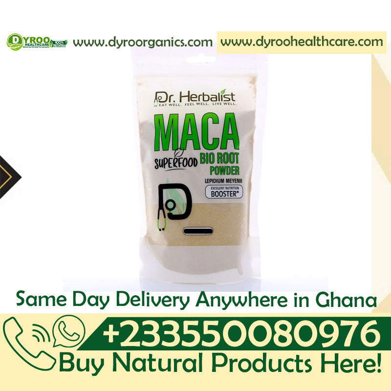 Organic Dr Herbalist Dyroo Naturals Maca Powder, 300g, showing the fine organic maca root powder in a clear container.