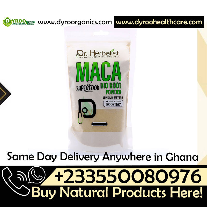 Organic Dr Herbalist Maca powder from Dyroo Naturals, showing a 300g bag of organic maca root powder on a natural background.