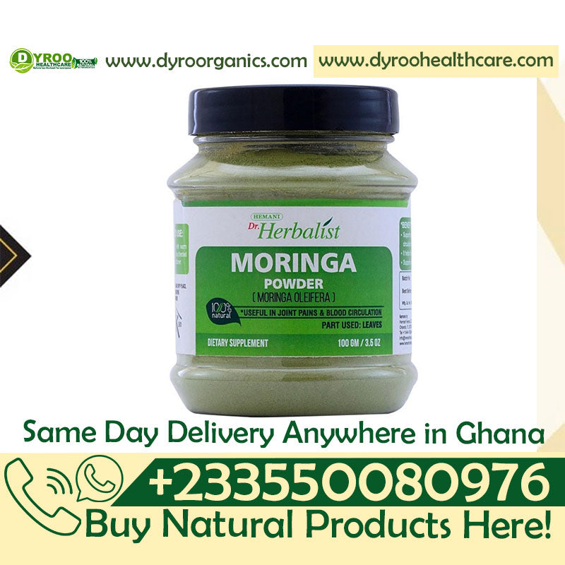 Organic Dr Herbalist Moringa Powder by Dyroo Naturals in a 100g package, showcasing the green powder in a clear container.