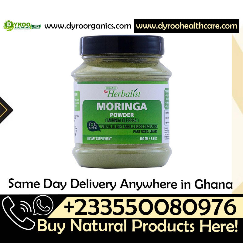 Organic Dr Herbalist Moringa Powder by Dyroo Naturals, 100g, showing a clear image of the green powdered supplement in a container.