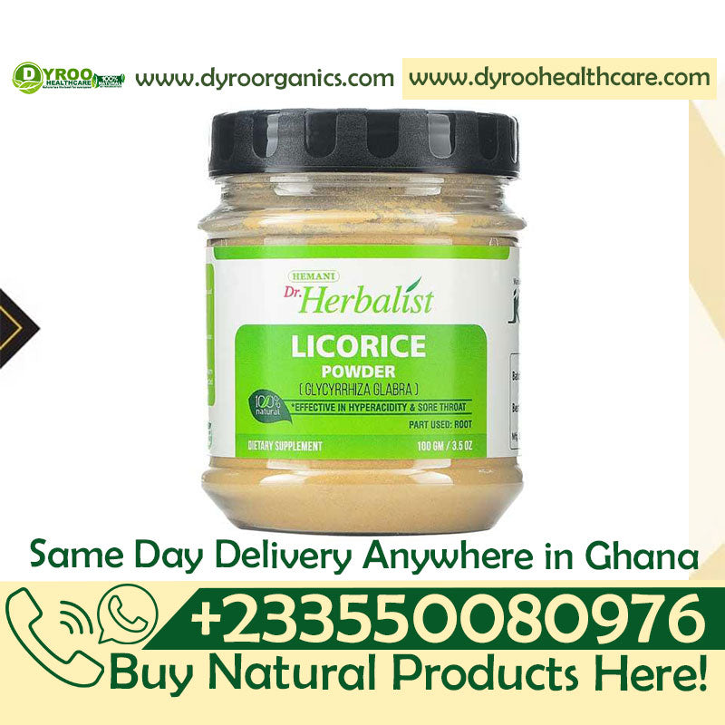 Organic Dr Herbalist Licorice Powder by Dyroo Naturals, 100g, in a clear resealable bag with a white label and green accents.
