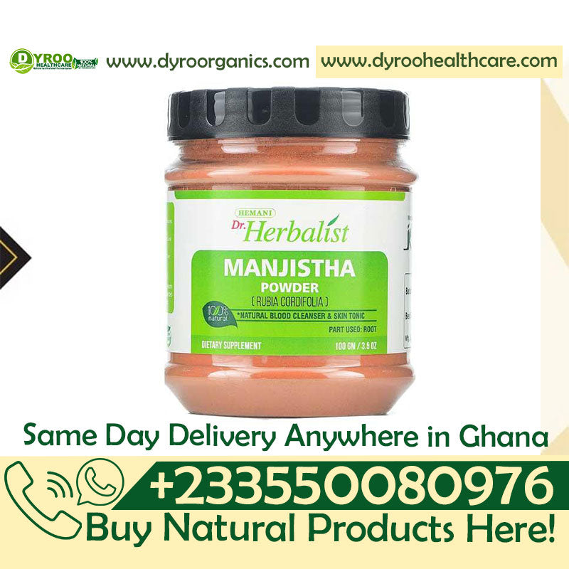 Organic Dr Herbalist Manjistha Powder by Dyroo Naturals in a 100g package, showcasing the fine reddish powder in a clear container.
