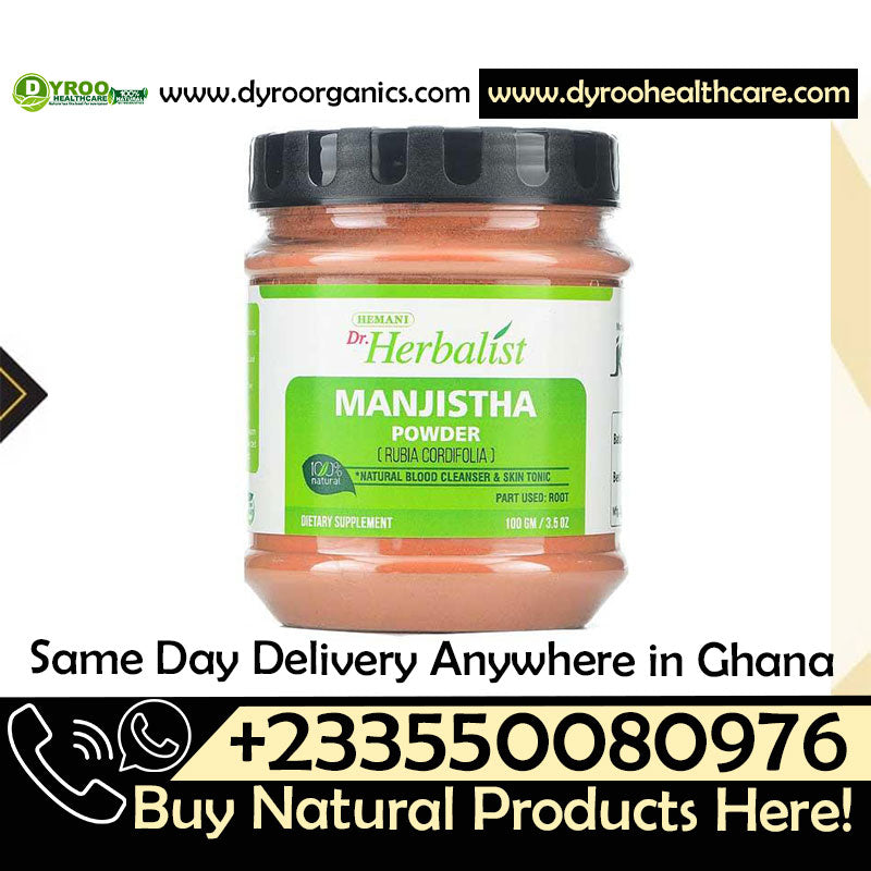 Organic Dr Herbalist Manjistha Powder by Dyroo Naturals in a 100g package, showing the fine red powder in a clear container.