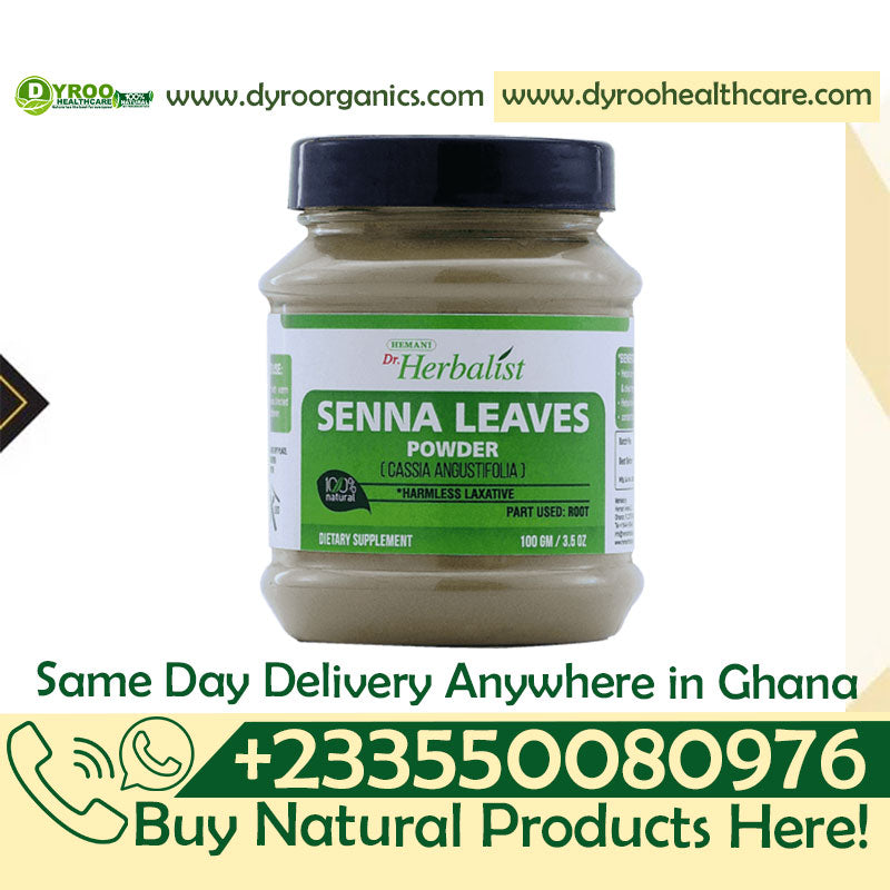 Organic Senna Leaves Powder by Dyroo Naturals, 100g, showing fine green herbal powder in a clear container.