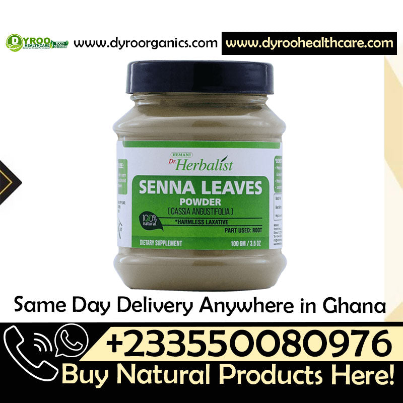 Organic Dr Herbalist Senna Leaves Powder by Dyroo Naturals in a 100g package, showing fresh green senna leaves ground into powder.