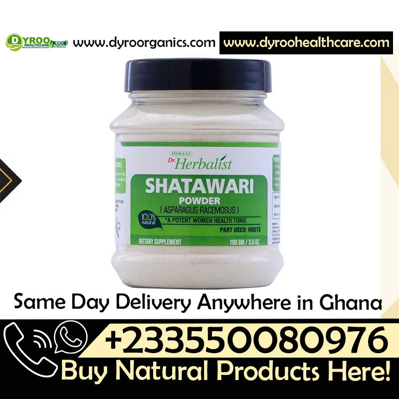 Organic Dr Herbalist Shatavari Powder 100g by Dyroo Naturals, showing a close-up of the powdered herbal supplement in a clear container.
