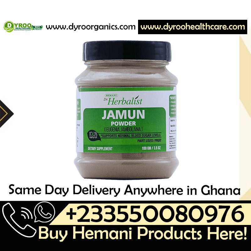 Organic Dr Herbalist Jamun Powder by Dyroo Naturals in a 100g jar, showing fine dark purple powder in a clear container.