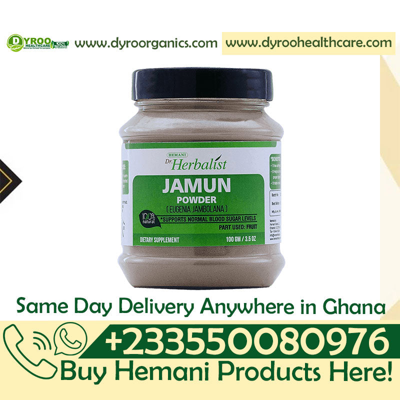 Organic Dr Herbalist Jamun Powder by Dyroo Naturals in a 100g package, showcasing a close-up of the fine dark purple powder.