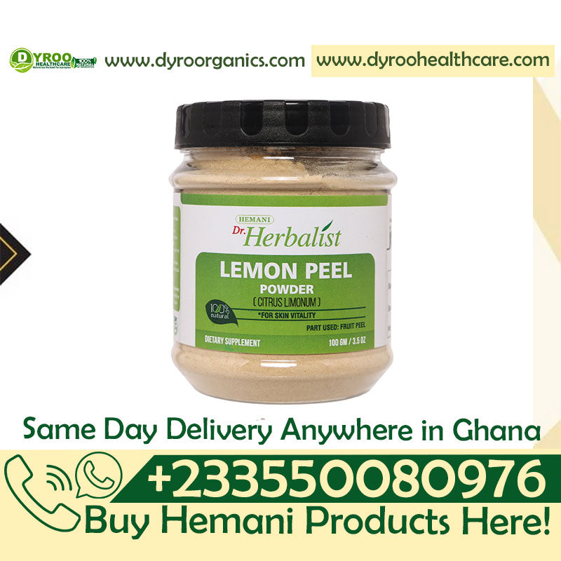 Organic lemon powder in a 100g package from Dr Herbalist by Dyroo Naturals, showing bright yellow lemon powder in a resealable bag.