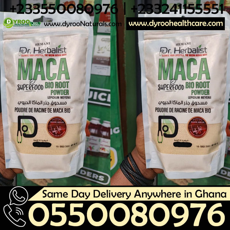 Organic Dr Herbalist Maca Powder from Dyroo Naturals, 300g, showing the light brown organic maca root powder in a natural setting.