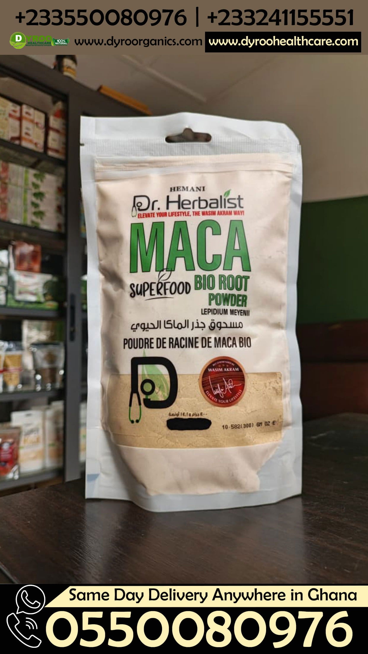 Organic Dr Herbalist Maca Bio Root Powder in a 300g package, natural powder from Dyroo Naturals, with a close-up of the product container