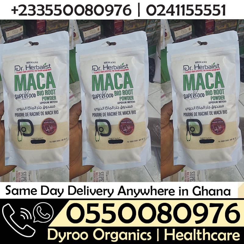 Organic Dr Herbalist Maca Bio Root Powder, Dyroo Naturals, 300g, showing the powder in a clear jar with label and natural background.