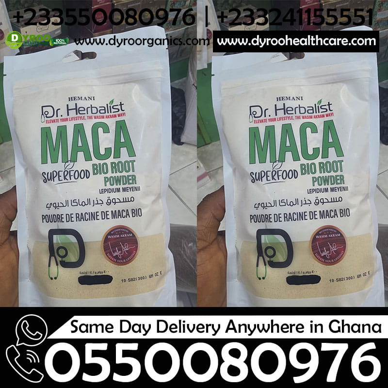Organic Dr Herbalist Maca Powder by Dyroo Naturals, 300g, showcasing the natural root powder in a clear container.