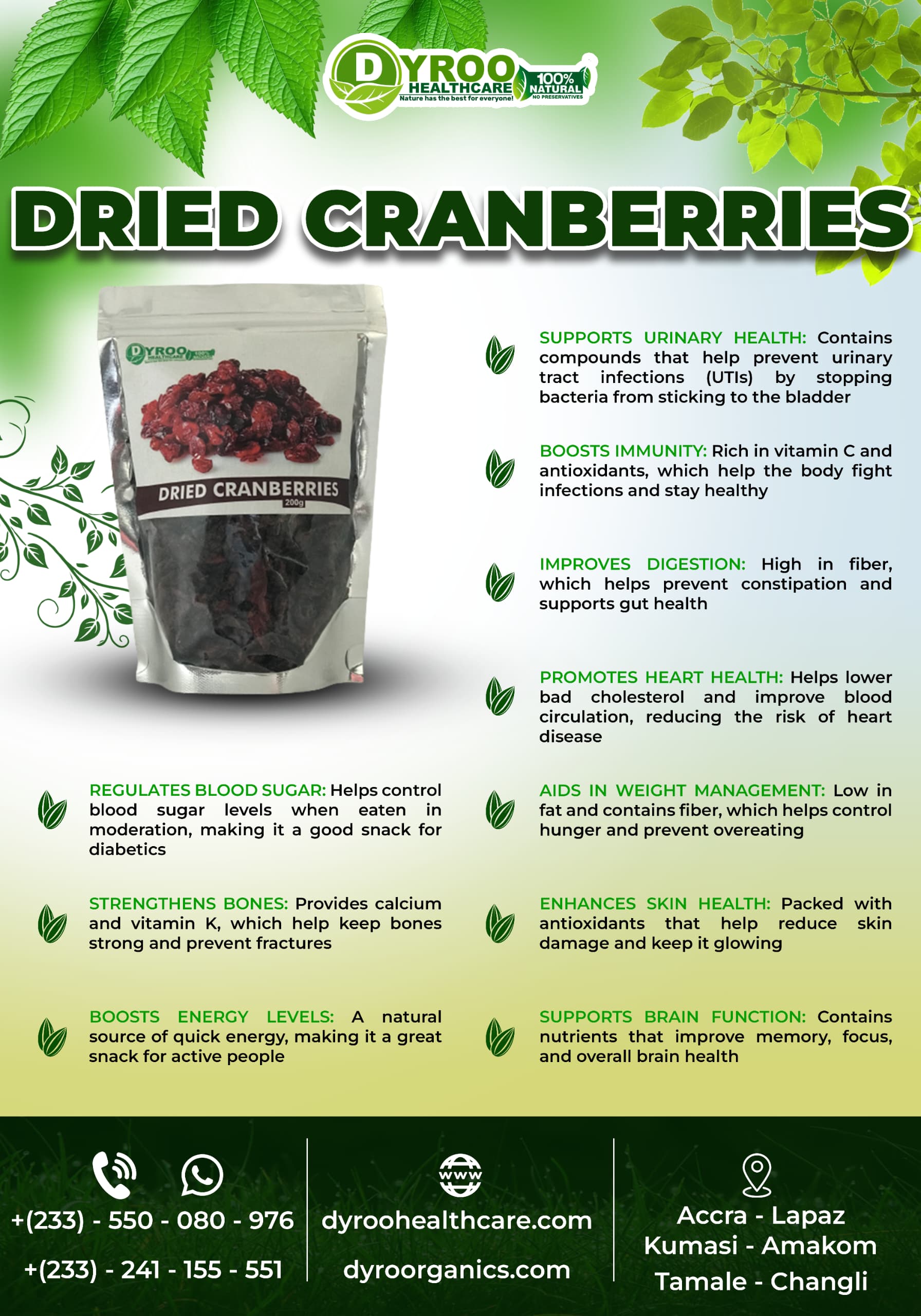 Organic dried cranberries in a 200g pack by Dyroo Naturals, showcasing vibrant, chewy dried berries on a rustic background.