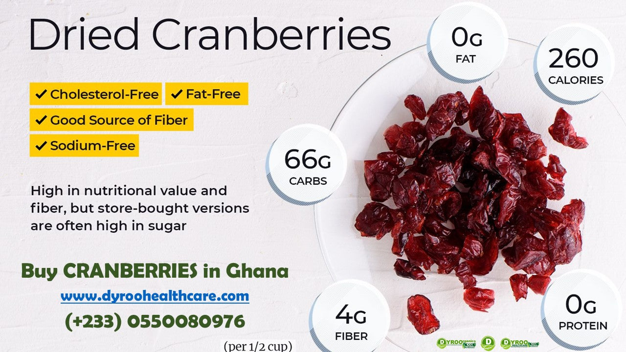 Organic dried cranberries from Dyroo Naturals in a clear bowl, showcasing vibrant red, chewy dried fruit with a natural texture.