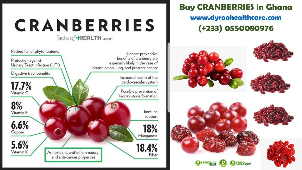 Organic dried cranberries from Dyroo Naturals in a clear bowl, showcasing vibrant red dried fruits on a white background.