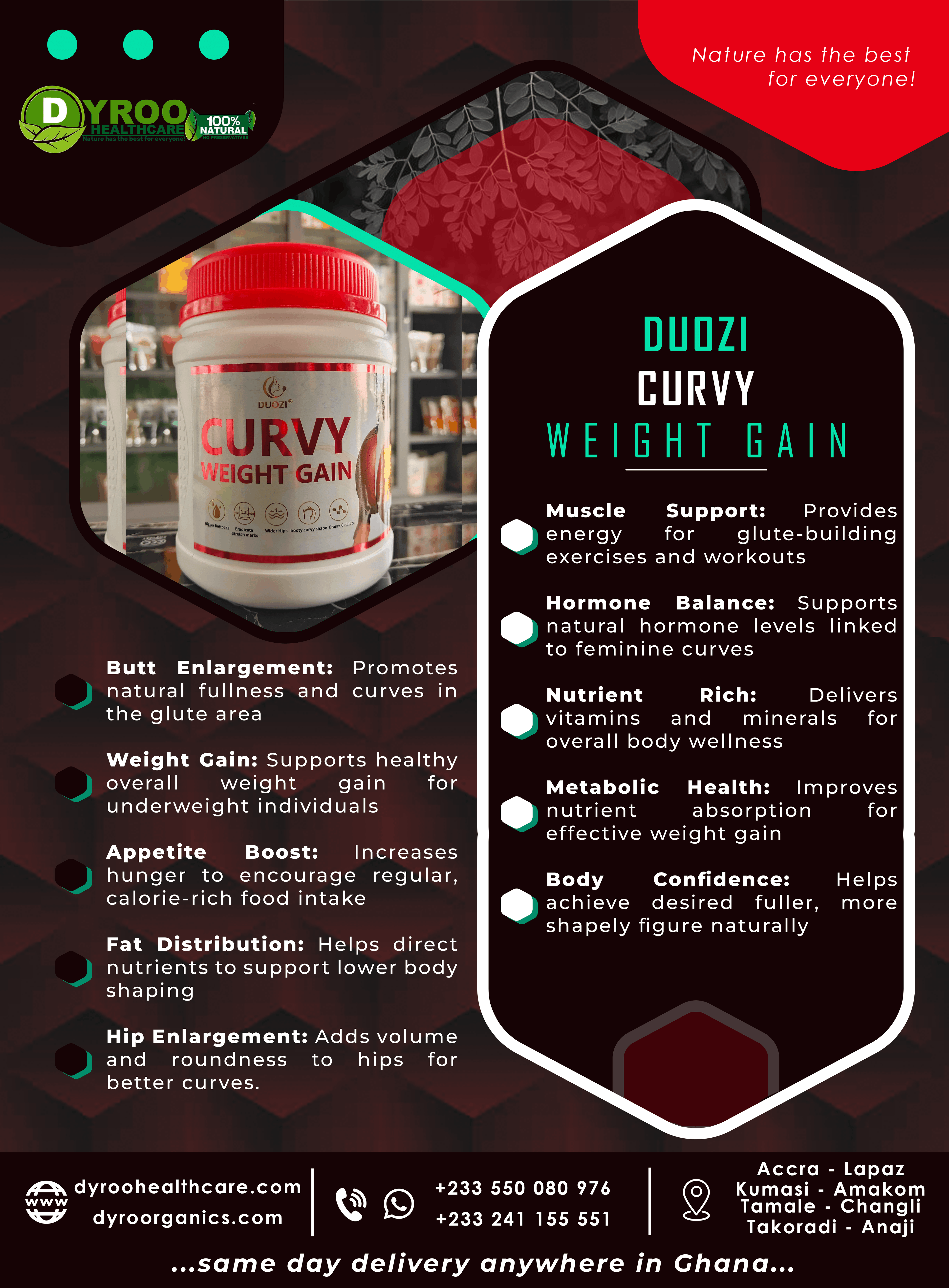 Duozi Curvy Weight Gain Powder 450g by Dyroo Naturals, organic powder in a clear jar showing the product label and powder inside.