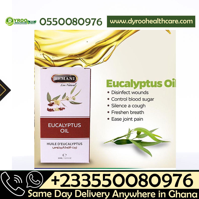 Dyroo Naturals Hemani Eucalyptus Oil 30ml bottle, natural essential oil with fresh eucalyptus leaves in the background.