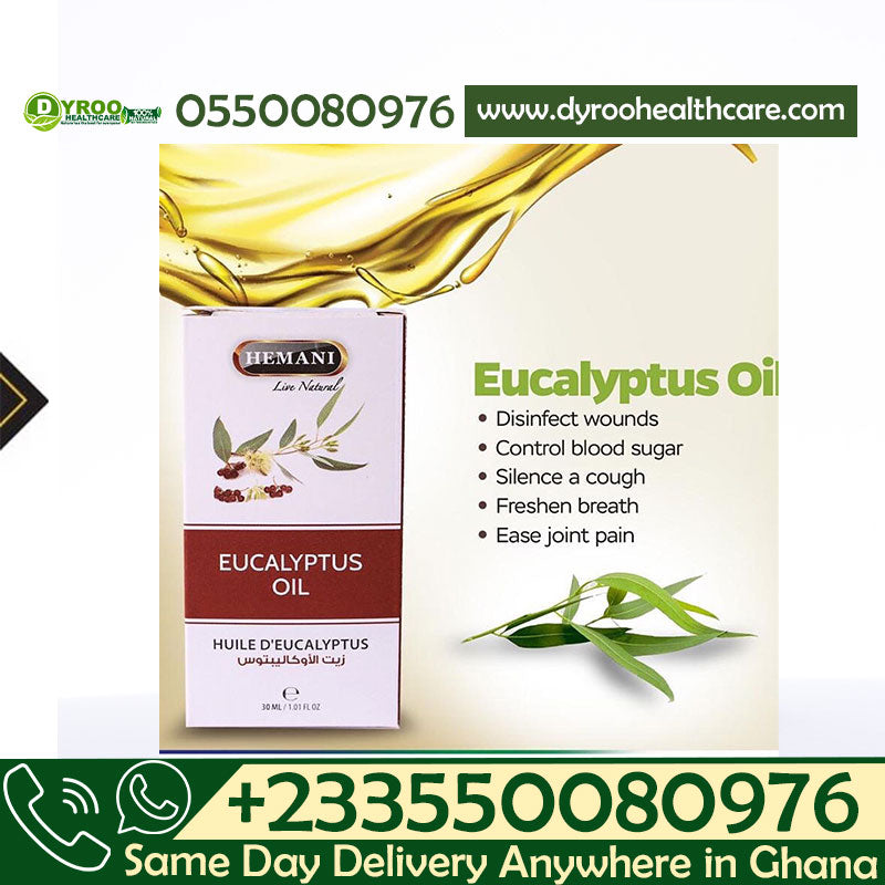 Dyroo Naturals Hemani Eucalyptus Oil 30ml bottle, showcasing clear glass container with eucalyptus leaves in the background.