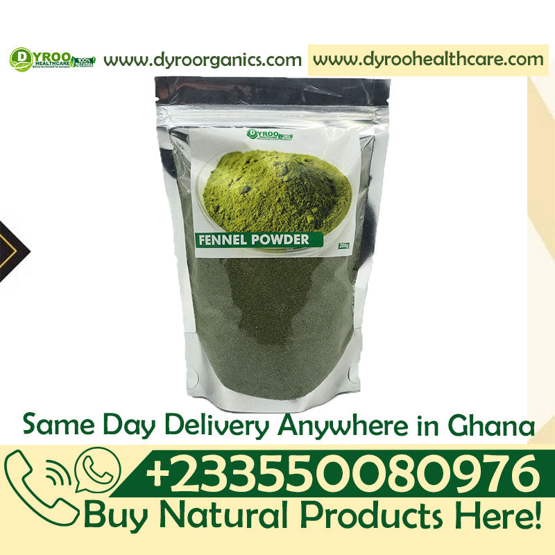 Organic fennel powder in a clear jar, showing fine yellowish-green fennel seeds powder from Dyroo Naturals.