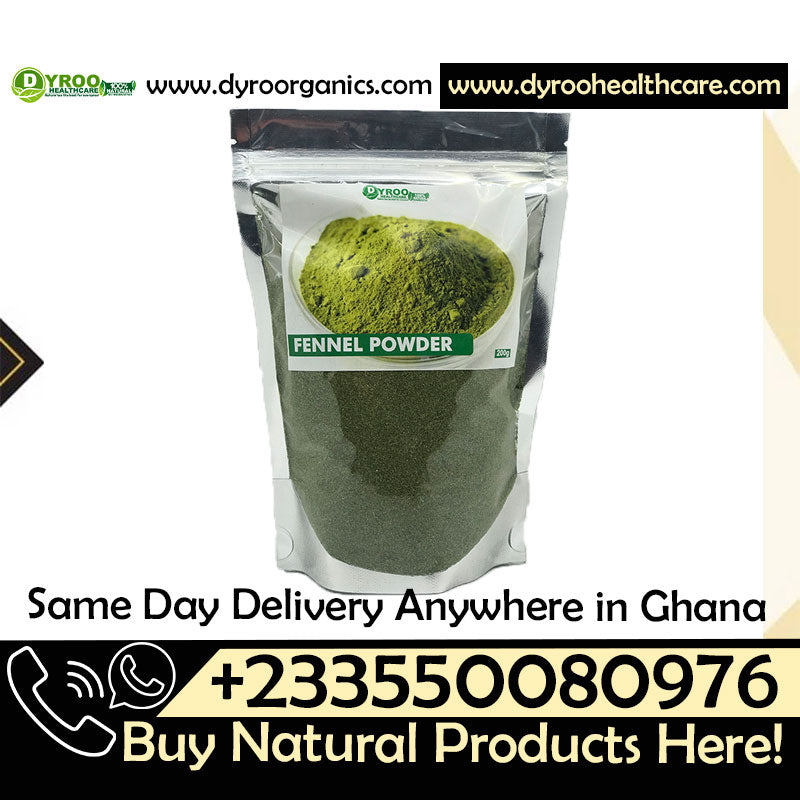 Organic fennel powder in a 200g pack by Dyroo Naturals, showing fine, raw fennel spice in a clear container.