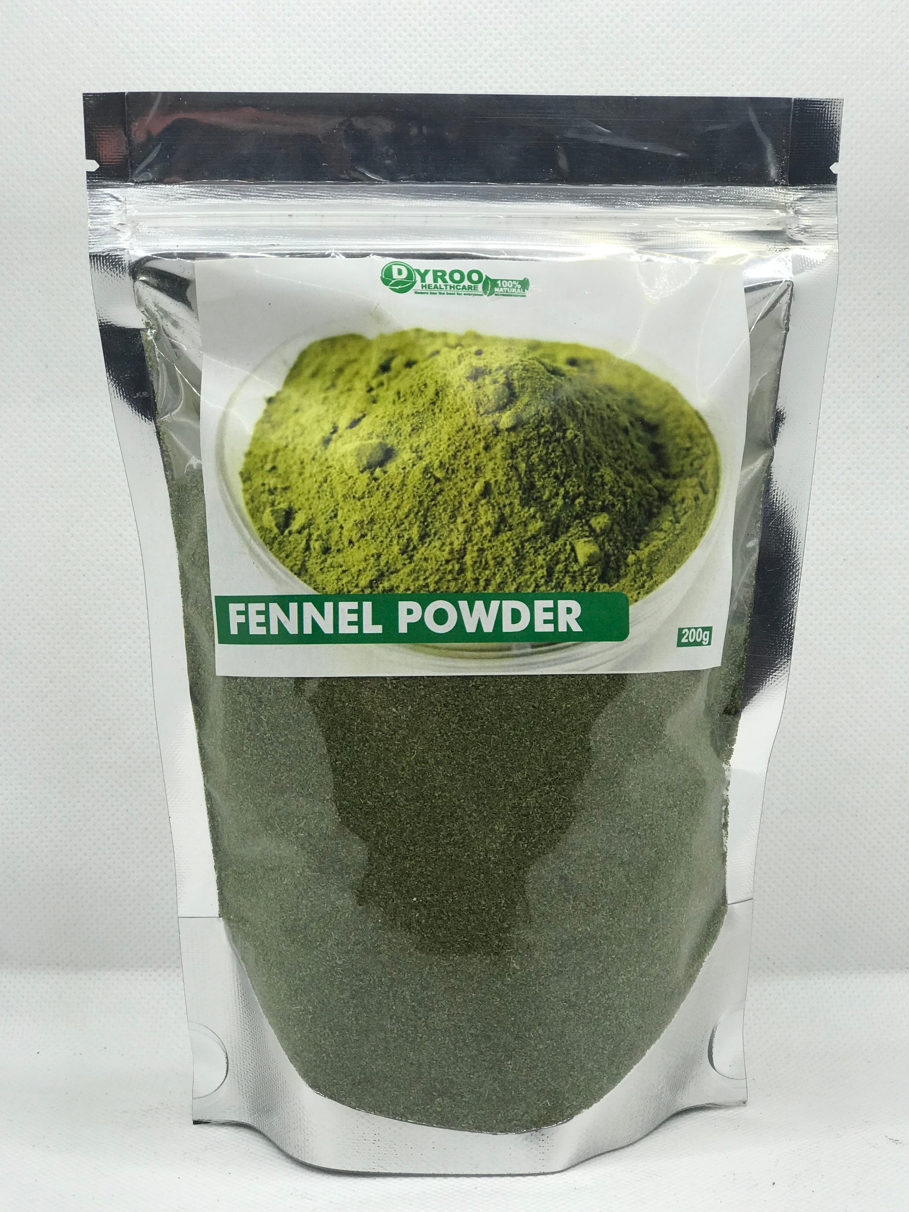 Organic fennel powder in a 200g packet by Dyroo Naturals, showing the fine, raw yellowish fennel spice powder in a clear container.