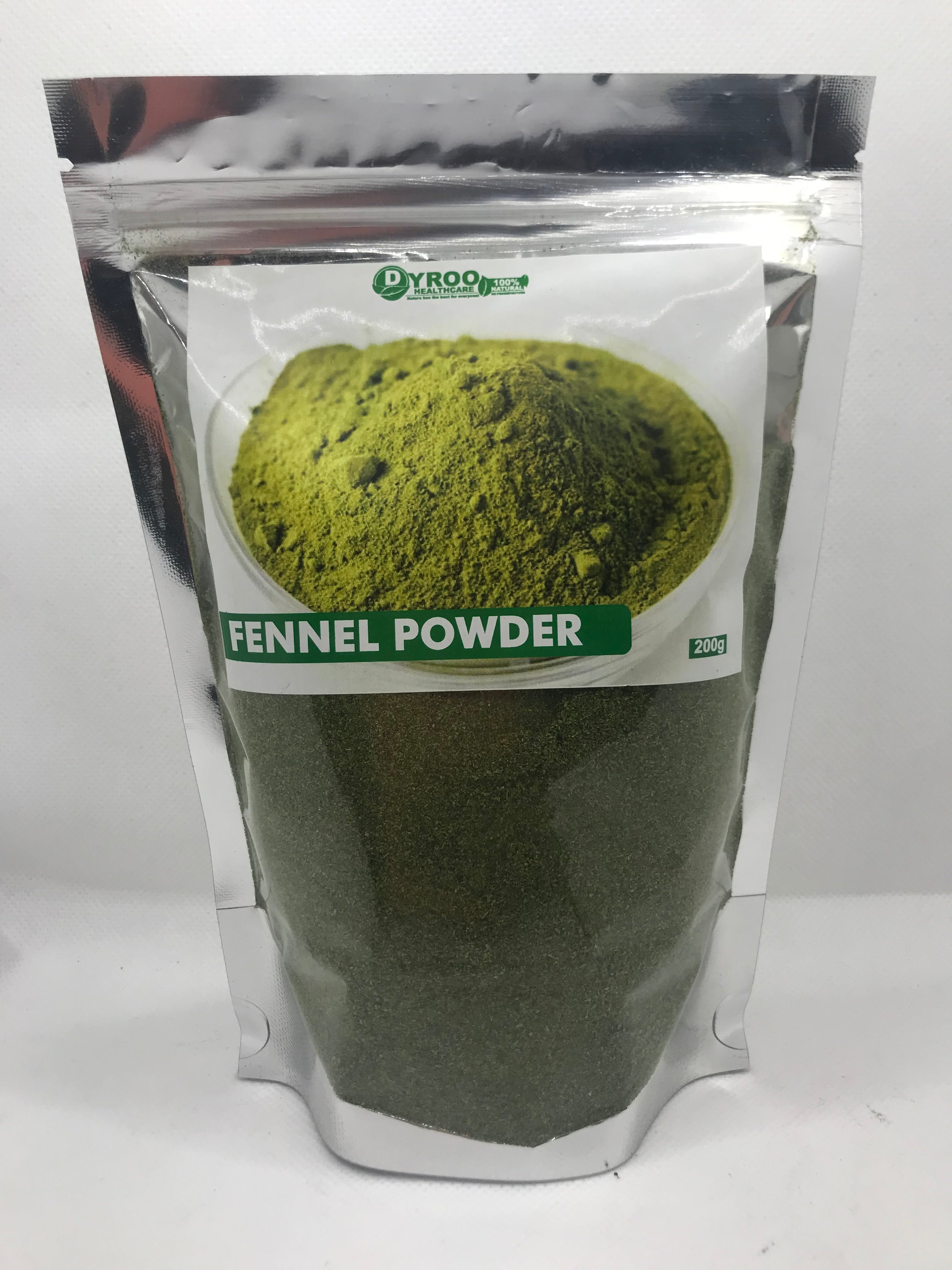 Organic fennel powder in a clear jar, showcasing fine, raw Dyroo Naturals fennel powder with fresh fennel seeds in the background.
