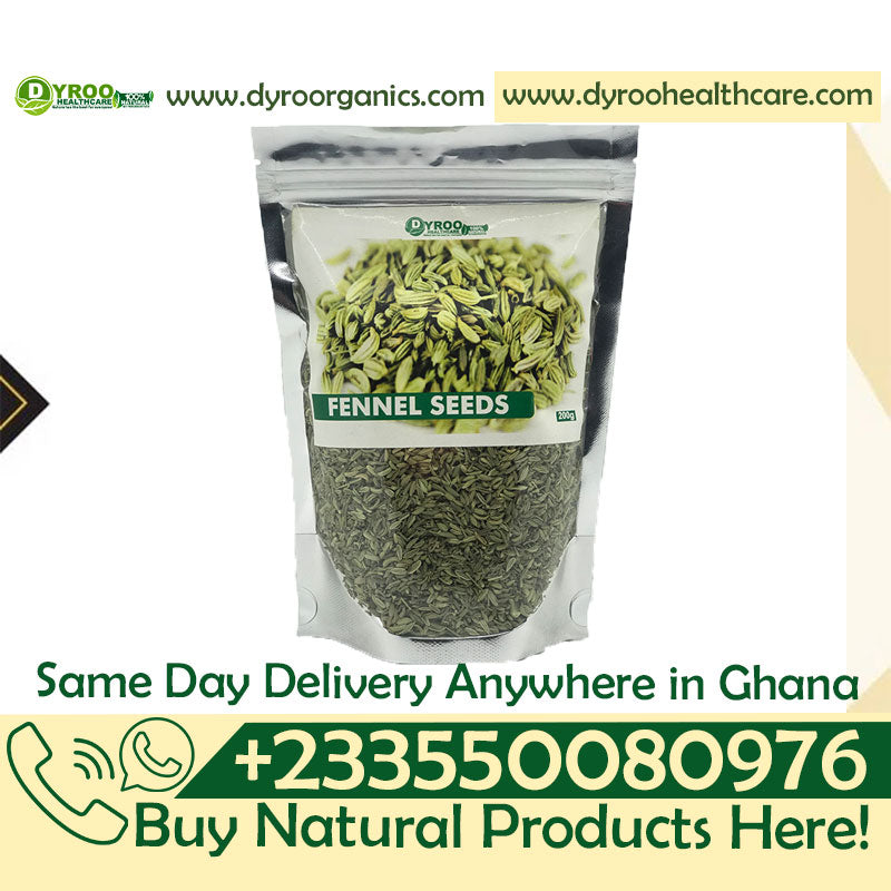 Organic Dyroo Naturals fennel seeds in a 200g package, showing fresh, raw fennel seeds with a light greenish-brown color.