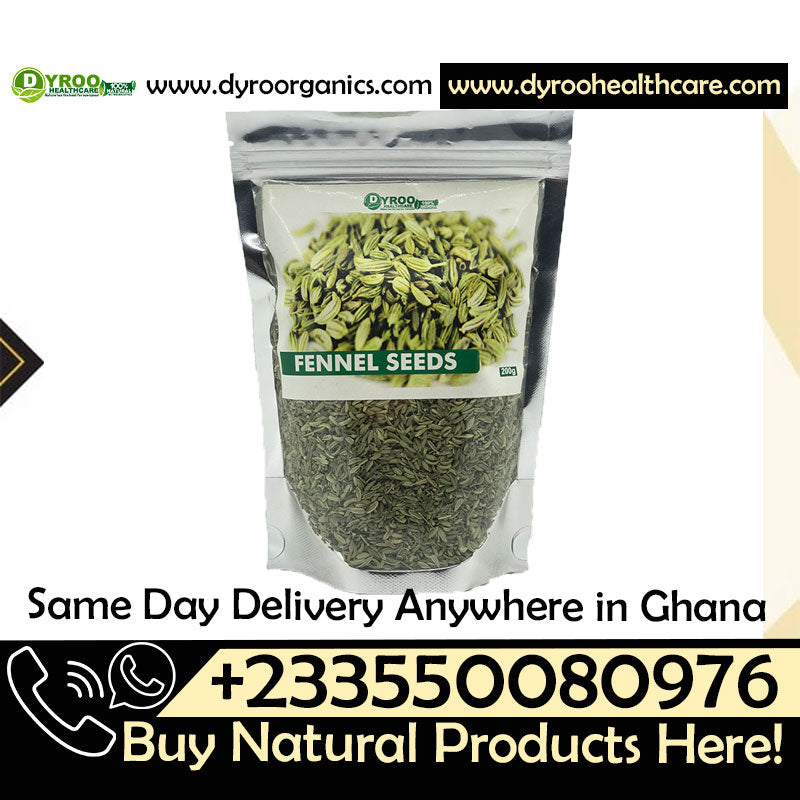 Organic Dyroo Naturals fennel seeds in a 200g package, showing raw, whole fennel seeds on a white background.